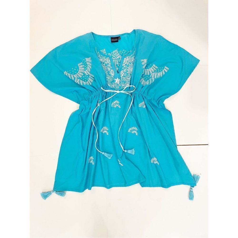 Madison Mathews Beach Cover Up Turquoise Blue 100% cotton One Size